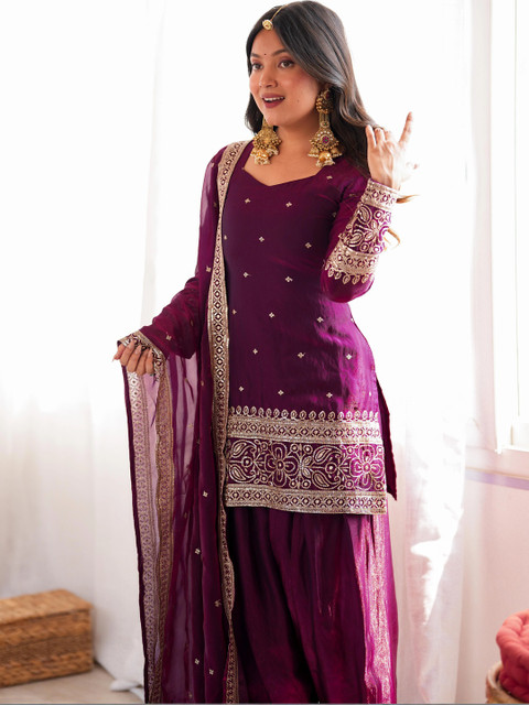 HERE&NOW Women Ethnic Motifs Embroidered Regular Thread Work Kurta with Patiala & With Dupatta - Image 6