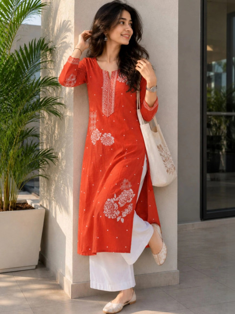 Zyla Women Floral Printed Thread Work Kurta