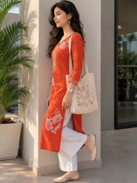 Zyla Women Floral Printed Thread Work Kurta - Image 4