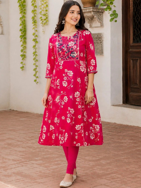 SHIFZ Women Floral Printed Thread Work Floral Anarkali Kurta