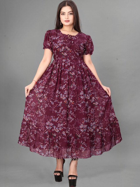 QENA Floral Print Puff Sleeve Georgette A-Line Maxi Dress