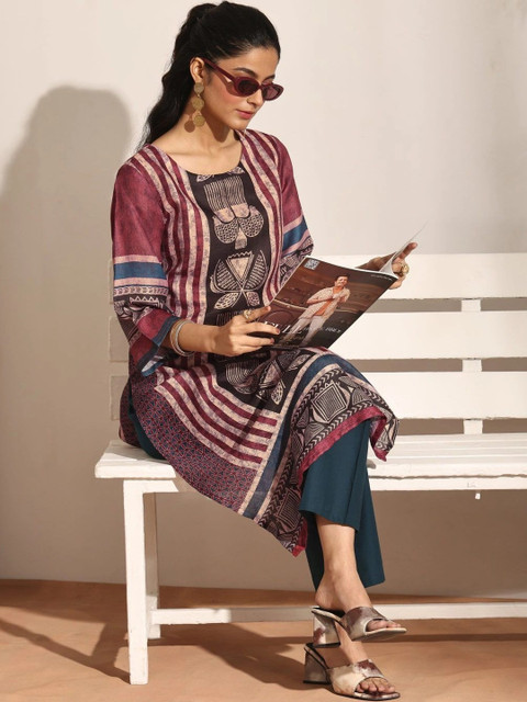 Libas Women Maroon Striped Printed Straight Kurta