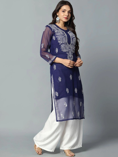 HERE&NOW Women Ethnic Motifs Embroidered Mirror Work Handloom Georgette Kurta - Image 4