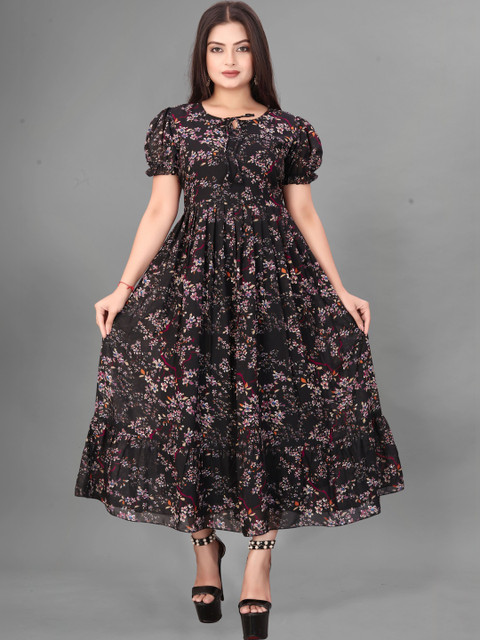 QENA Floral Print Puff Sleeve Georgette A-Line Maxi Dress