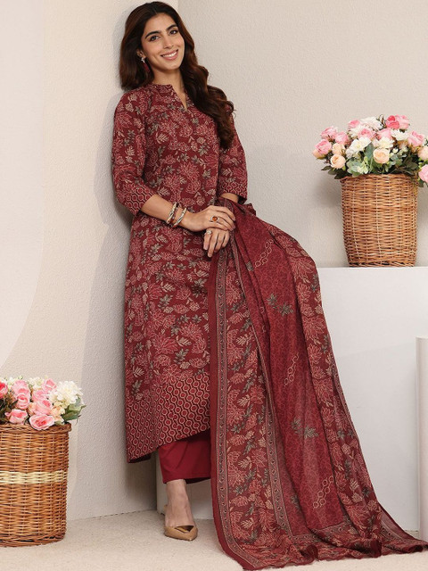 Libas Rust Floral Printed Cotton A-line Suit Set with Dupatta