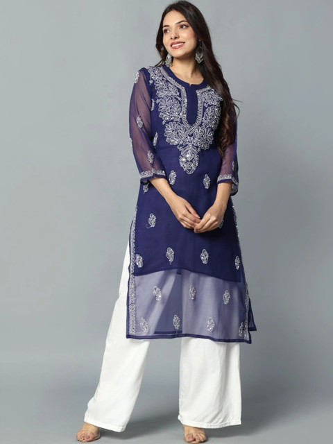 HERE&NOW Women Ethnic Motifs Embroidered Mirror Work Handloom Georgette Kurta - Image 3