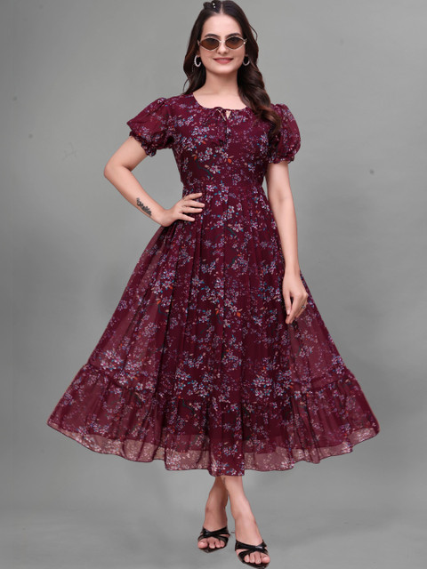 QENA Floral Print Puff Sleeve Ruffled Georgette A-Line Midi Dress