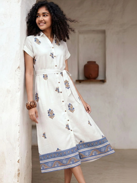 Colour Me by Melange Ethnic Motifs Print Net Shirt Midi Dress