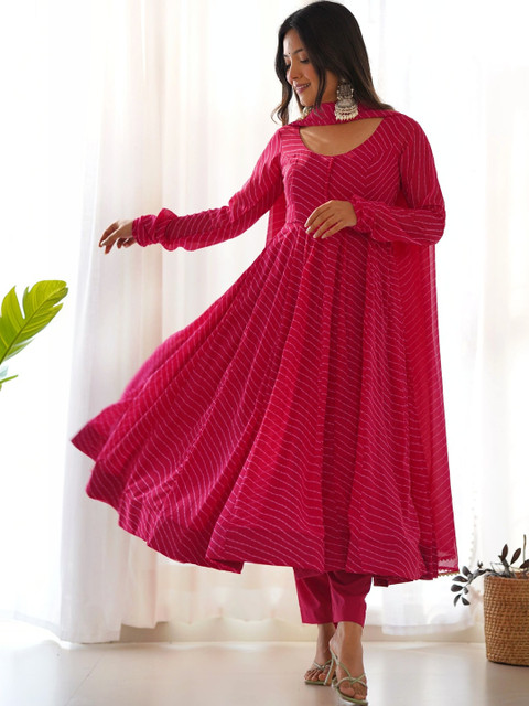 NORAFLEX Women Leheriya Printed Empire Kurta with Trousers & With Dupatta