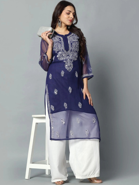 HERE&NOW Women Ethnic Motifs Embroidered Mirror Work Handloom Georgette Kurta - Image 6