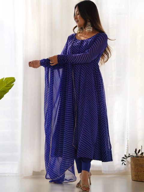 NORAFLEX Women Leheriya Printed Angrakha Kurta with Trousers & With Dupatta