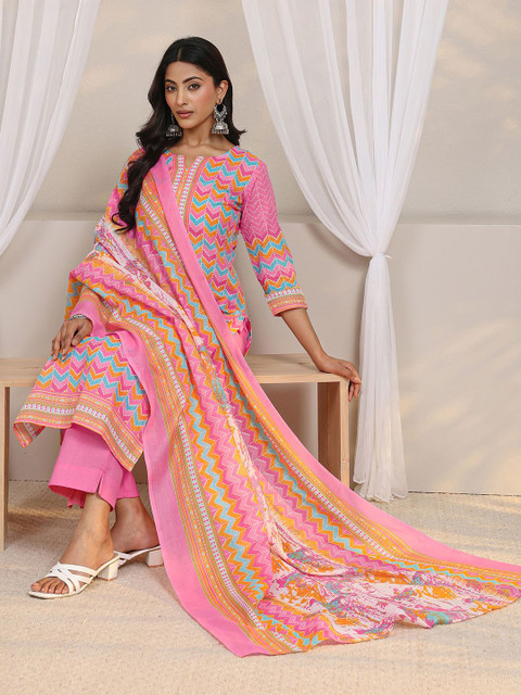Libas Pink Chevron Printed Straight Suit Set with Dupatta