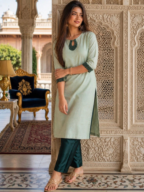 indo street Women Regular Beads and Stones Kurta with Trousers