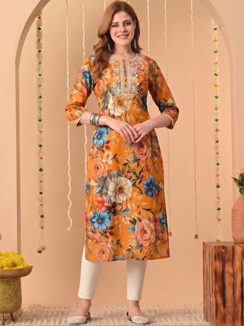 Dinaya Women Floral Printed Thread Work Floral Kurta