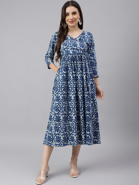 DECKEDUP Ethnic Motifs Print A-Line Midi Dress