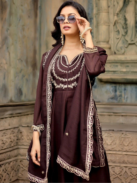 ANVERI TEXTILES Women Ethnic Motifs Embroidered Empire Thread Work Kurta with Trousers & With Dupatta - Image 5