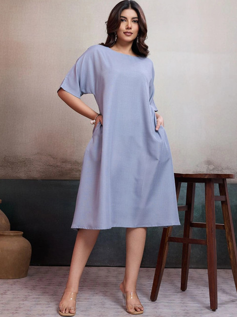 women blue Cotton Blend BFM A-Line Dress - Image 3