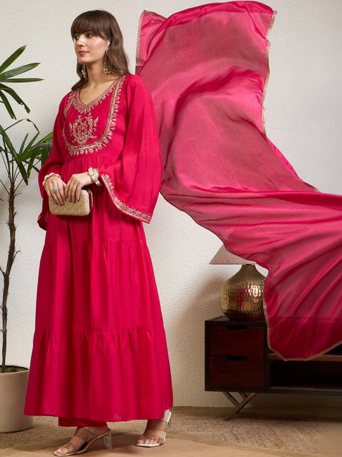 Honky Tonky Women Ethnic Motifs Embroidered Tiered Kurta with Trousers & With Dupatta - Image 2