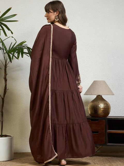 Honky Tonky Women Ethnic Motifs Embroidered Tiered Thread Work Kurta with Palazzos & With Dupatta - Image 2