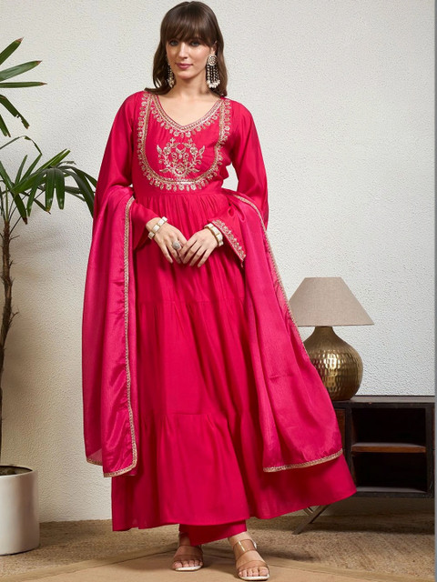 Honky Tonky Women Ethnic Motifs Embroidered Tiered Kurta with Trousers & With Dupatta - Image 6
