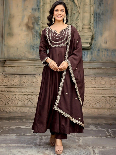 ANVERI TEXTILES Women Ethnic Motifs Embroidered Empire Thread Work Kurta with Trousers & With Dupatta - Image 3
