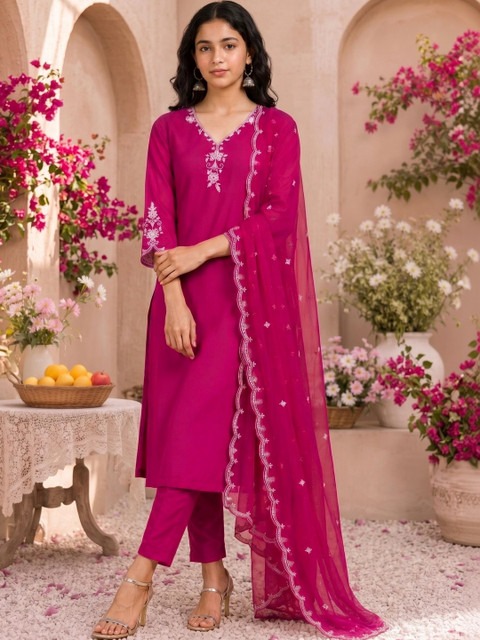 J MOGAL Women Embroidered Regular Thread Work Kurta with Trousers & With Dupatta