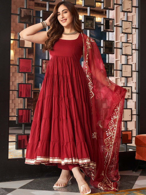Vastranikhar Women Ethnic Motifs Tiered Thread Work Pure Cotton Kurta with Trousers & With Dupatta - Image 2