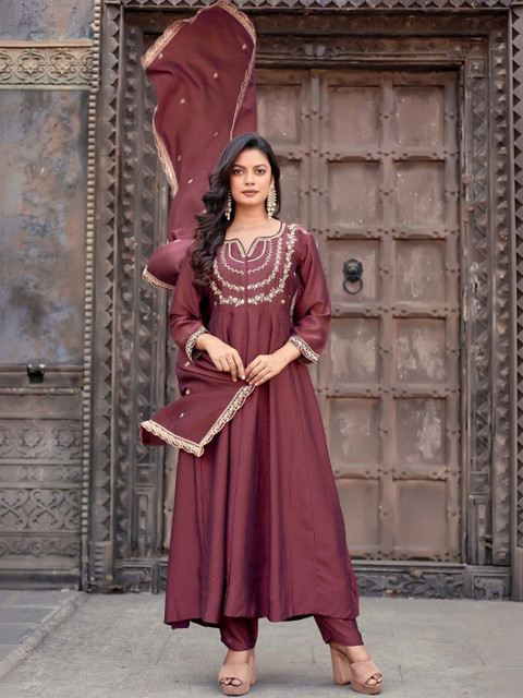 ANVERI TEXTILES Women Ethnic Motifs Embroidered Empire Thread Work Kurta with Trousers & With Dupatta - Image 7