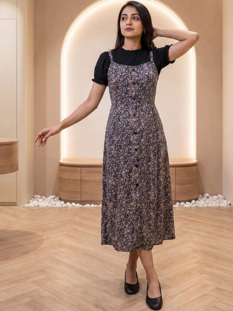 Syndrella Women Cotton Floral Printed Puff Sleeve A-Line Midi Dress