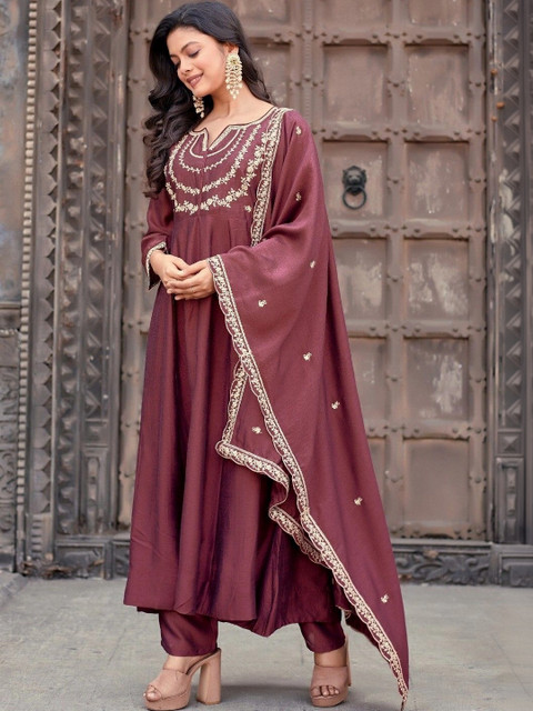 ANVERI TEXTILES Women Ethnic Motifs Embroidered Empire Thread Work Kurta with Trousers & With Dupatta - Image 6
