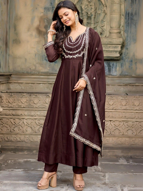 ANVERI TEXTILES Women Ethnic Motifs Embroidered Empire Thread Work Kurta with Trousers & With Dupatta