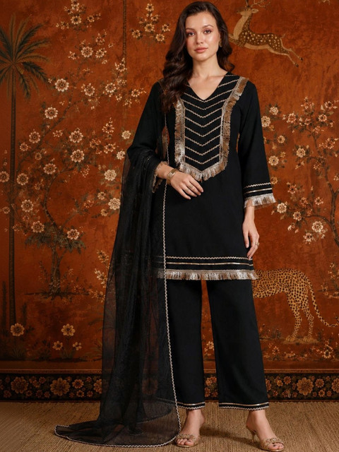 Sangria Women Regular Gotta Patti Pure Cotton Kurta with Palazzos & With Dupatta - Image 5