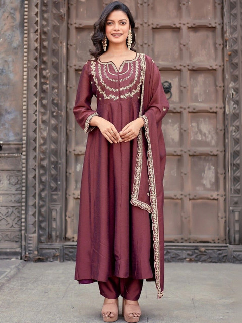 ANVERI TEXTILES Women Ethnic Motifs Embroidered Empire Thread Work Kurta with Trousers & With Dupatta - Image 3