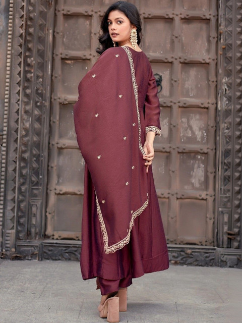 ANVERI TEXTILES Women Ethnic Motifs Embroidered Empire Thread Work Kurta with Trousers & With Dupatta - Image 2