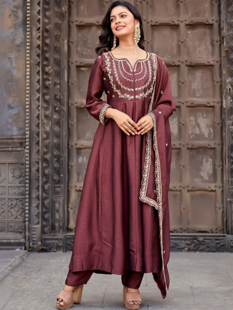 ANVERI TEXTILES Women Ethnic Motifs Embroidered Empire Thread Work Kurta with Trousers & With Dupatta