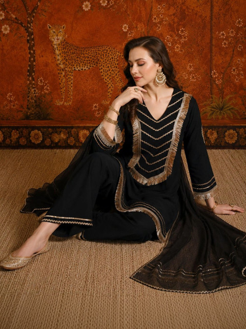 Sangria Women Regular Gotta Patti Pure Cotton Kurta with Palazzos & With Dupatta - Image 4