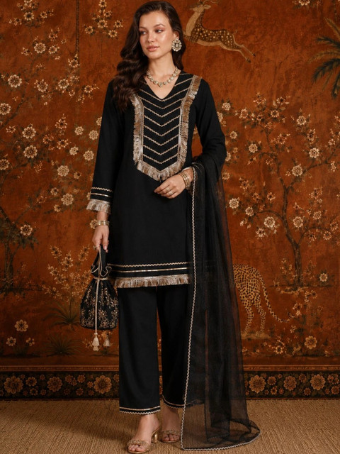 Sangria Women Regular Gotta Patti Pure Cotton Kurta with Palazzos & With Dupatta