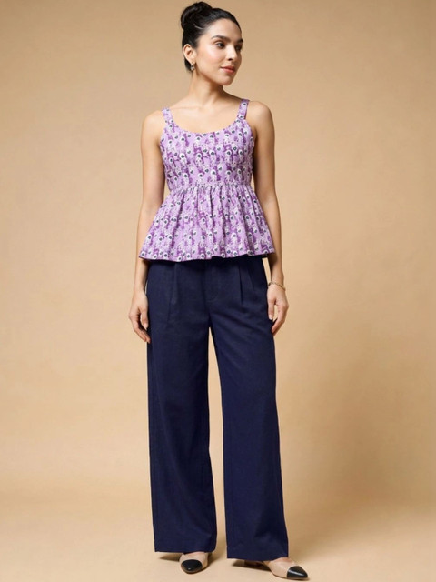 Womenster Indie Florals Cotton Printed Top with Trousers