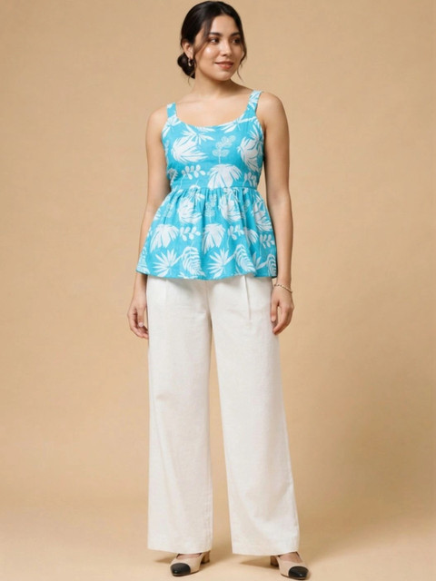 Womenster Indie Florals Cotton Printed Top with Trousers