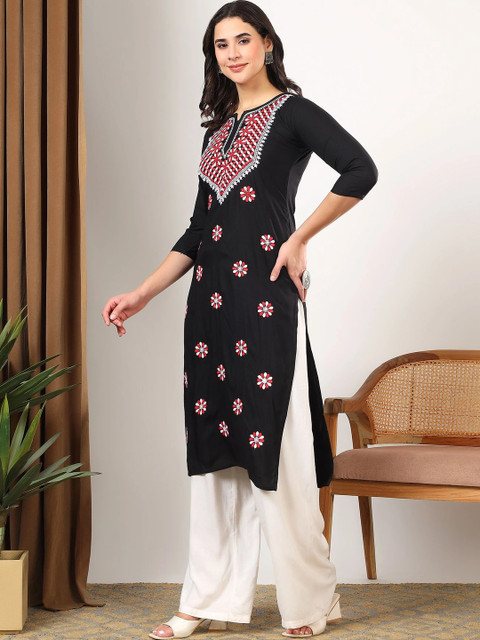 TOP N THREAD Women Black Ethnic motifs Embroidered Lucknowi Chikankari Straight Long Kurta - Image 4