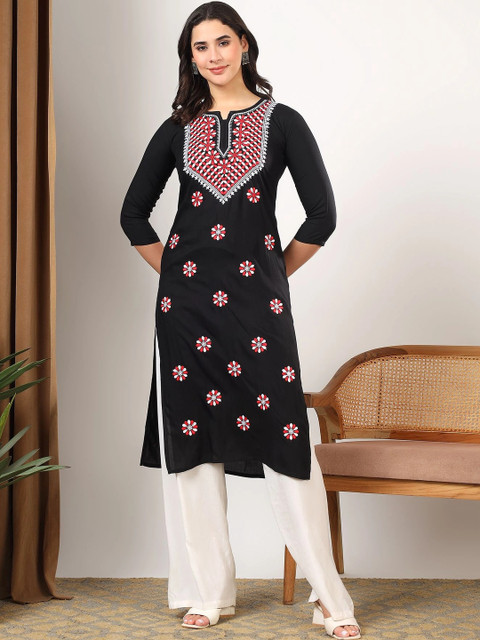 TOP N THREAD Women Black Ethnic motifs Embroidered Lucknowi Chikankari Straight Long Kurta