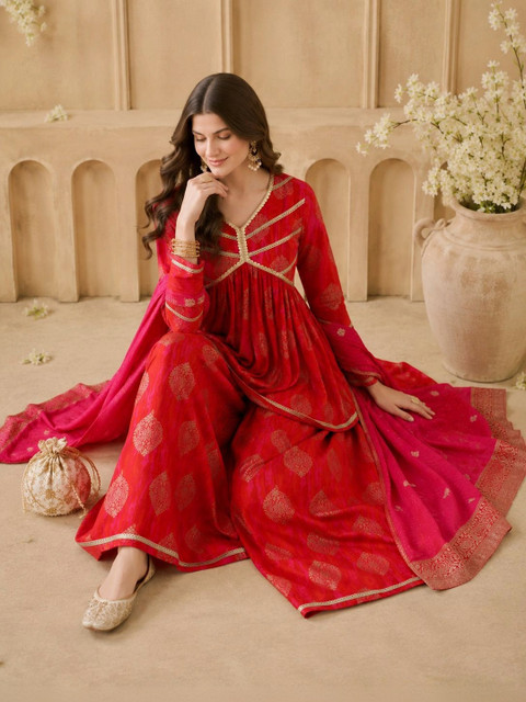 Anouk Women Ethnic Motifs Printed Empire Gotta Patti Pure Cotton Kurta with Sharara & With Dupatta