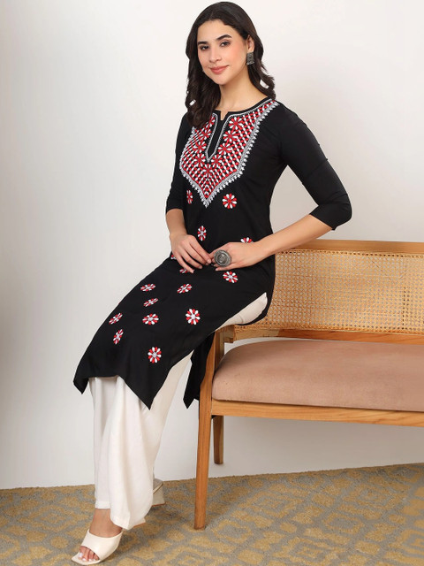TOP N THREAD Women Black Ethnic motifs Embroidered Lucknowi Chikankari Straight Long Kurta - Image 3