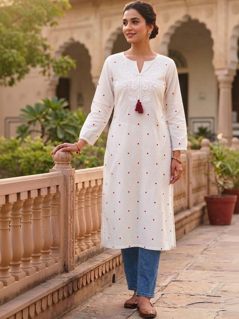 RR SA KURTIS Women Polka Dot Printed Thread Work Kurta