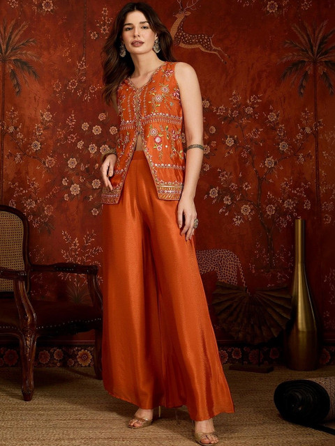 House of Pataudi V-Neck Embroidered Top with Palazzos