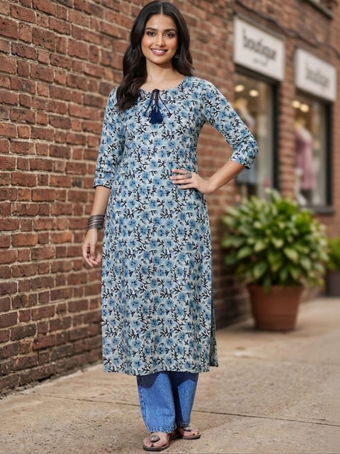 KALAMIR Women Floral Printed Tie-Up Neck Straight Kurta