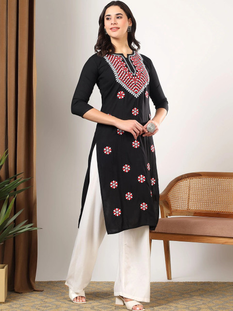 TOP N THREAD Women Black Ethnic motifs Embroidered Lucknowi Chikankari Straight Long Kurta - Image 2