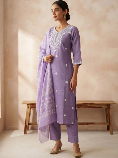 ERIKA Women Ethnic Motifs Embroidered Regular Chikankari Kurta with Trousers & With Dupatta - Image 5