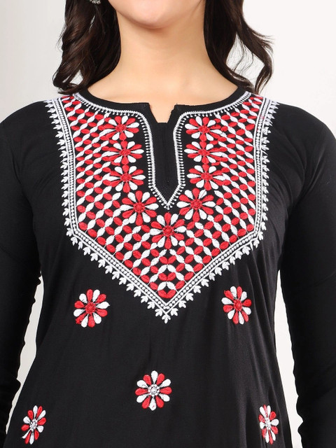 TOP N THREAD Women Black Ethnic motifs Embroidered Lucknowi Chikankari Straight Long Kurta - Image 6