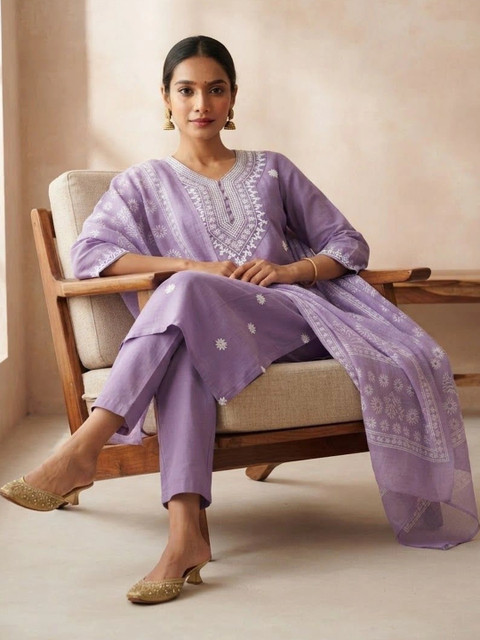 ERIKA Women Ethnic Motifs Embroidered Regular Chikankari Kurta with Trousers & With Dupatta - Image 3